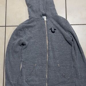 True Religion Heather Gray Zip Hoodie with Silver Zipper